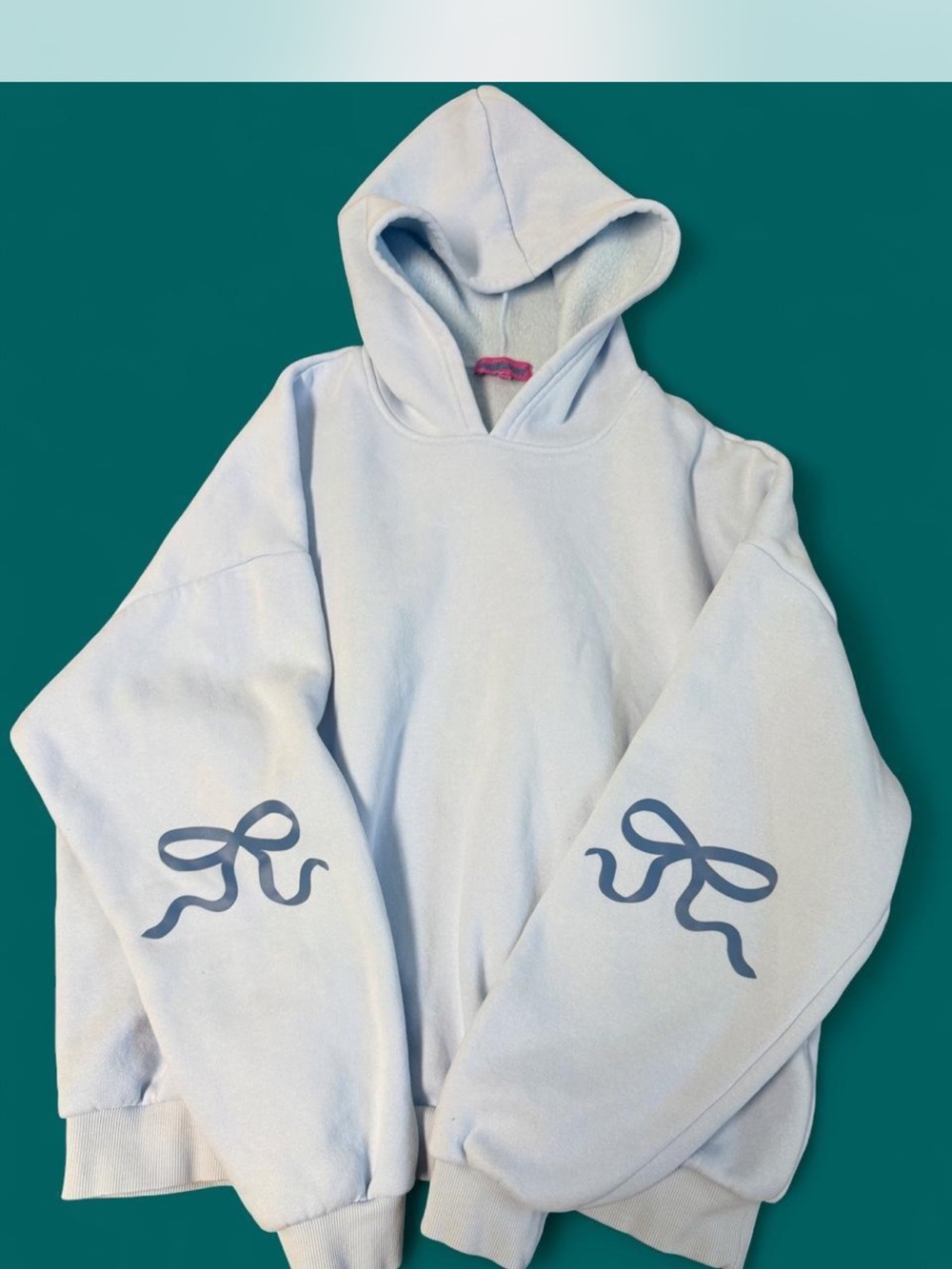 Edikted Light Blue Crewneck Hoodie with Sleeve Ribbon Prints